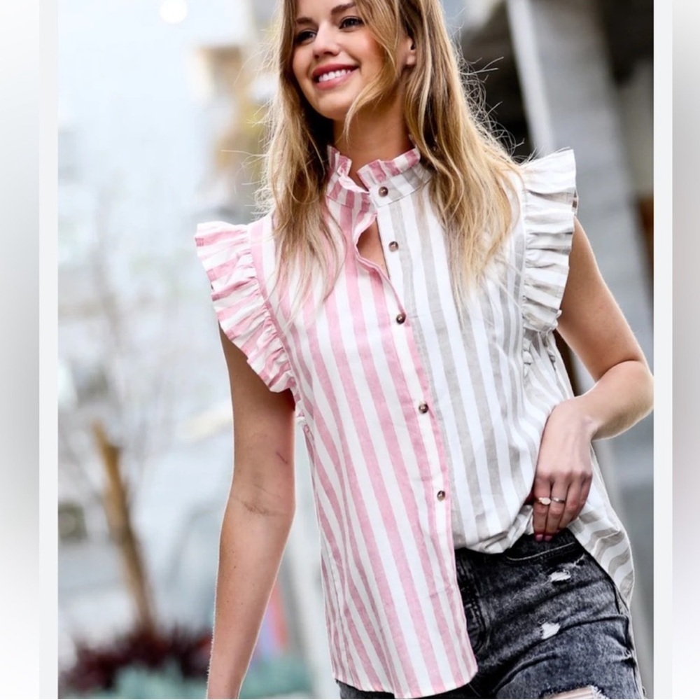 Mazik Cotton Pastel Ruffle Sleeve Button Down Stripe Shirt Size Medium - Picture 1 of 13